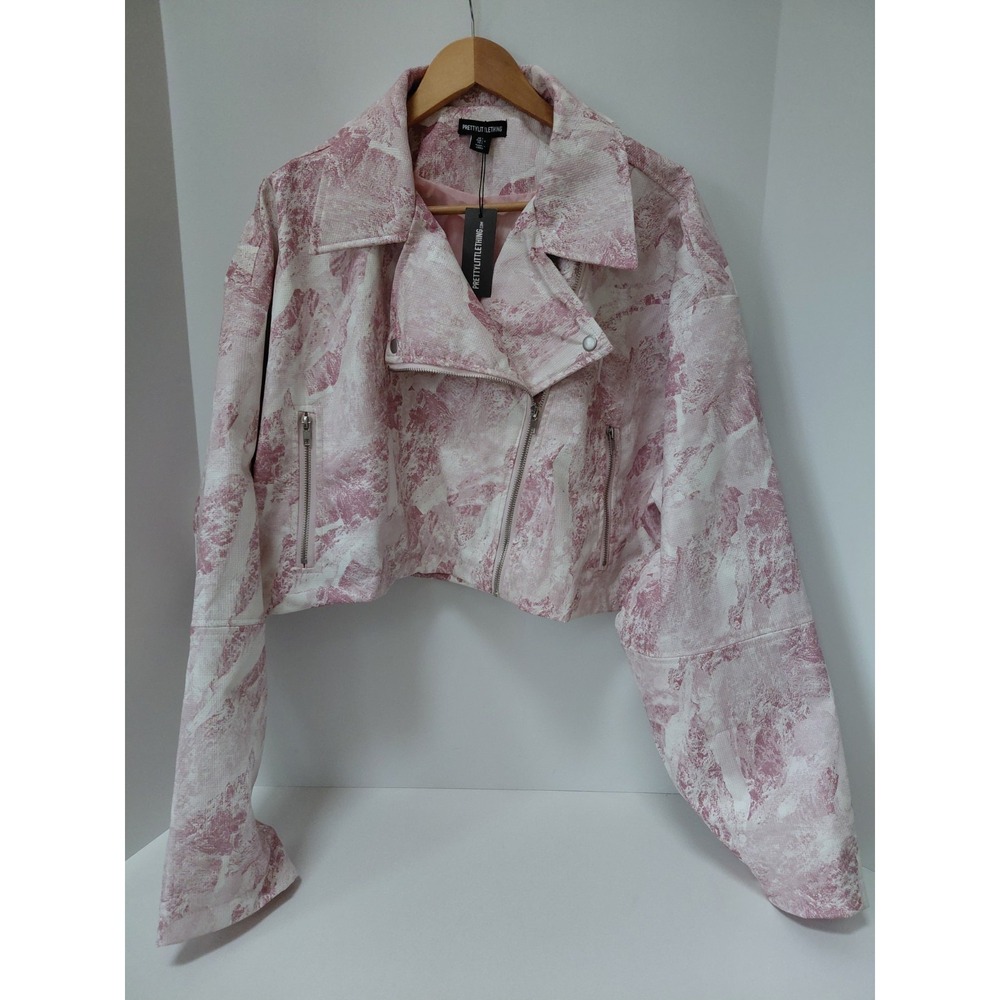 NWT Pretty Little Thing Pink‎ Textured Faux Leather Crop Biker Jacket Size 12